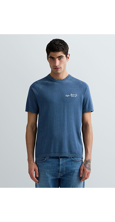 ブルーデニムハーフスリーブセーター